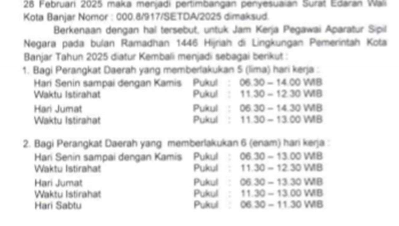 Selama Ramadan ASN Pemkot Banjar Masuk Kerja Pukul 06.30 WIB Penyesuaian Jam Kerja Sesuai Surat Edaran 