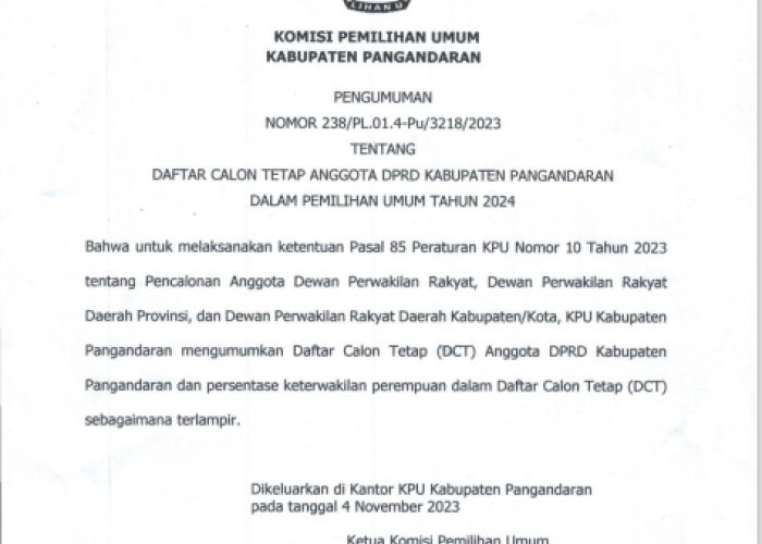 KPU Kota Banjar Umumkan Daftar Calon Tetap (DCT) Pemilu Legistatif Kota Banjar, Cek Disini...